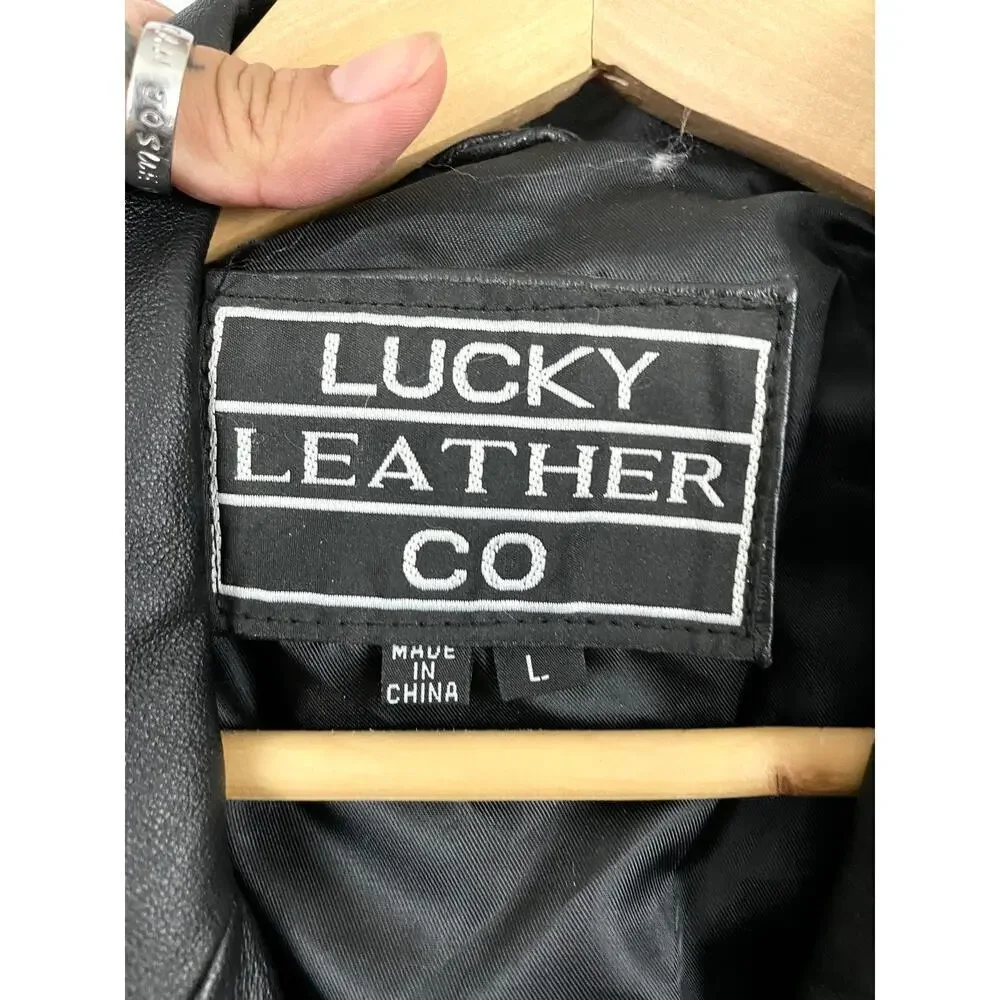 VTG Black Genuine Leather Jacket LARGE Lined Button Collar Lucky Leather Company